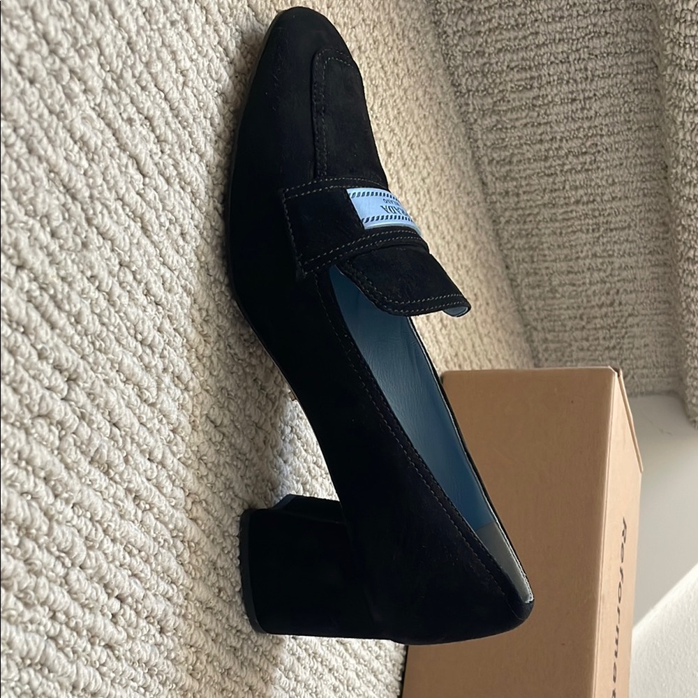 Prada Black Suede Heeled Loafers with Blue Label - Picture 7 of 8